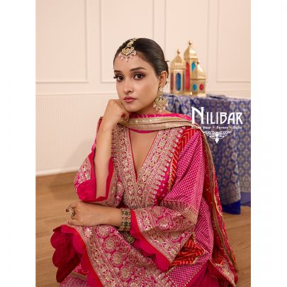 Hot Pink Bandhani Crepe Shirt Paired With Straight Crepe Salwar & Shiffon Dupatta