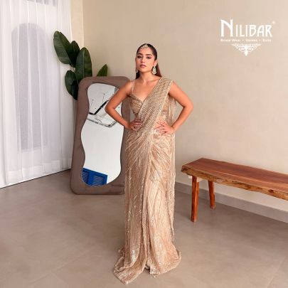 Prabhleen Dahelay In Our Beige Gold Net Drape Saree