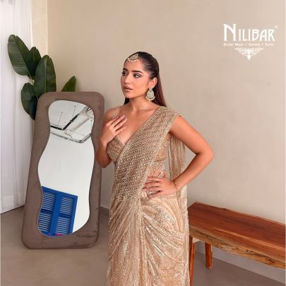 Prabhleen Dahelay In Our Beige Gold Net Drape Saree