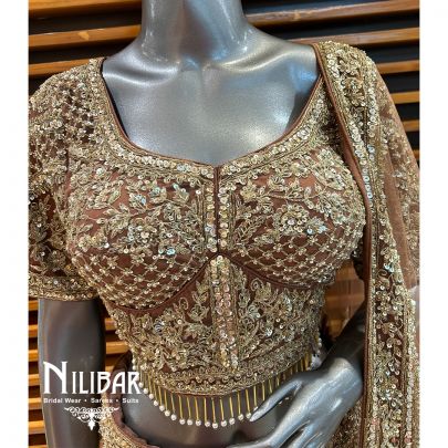 Brown Net Cutdana Pearl Heavy Lehenga