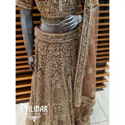 Brown Net Cutdana Pearl Heavy Lehenga