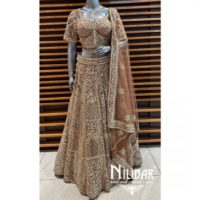 Brown Net Cutdana Pearl Heavy Lehenga