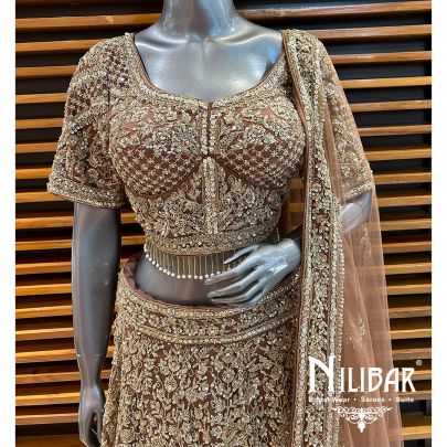 Brown Net Cutdana Pearl Heavy Lehenga