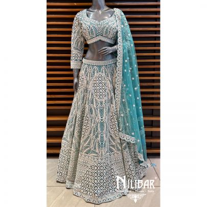 Light Turquoise Cutdana Pearl Heavy Lehenga