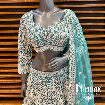Light Turquoise Cutdana Pearl Heavy Lehenga
