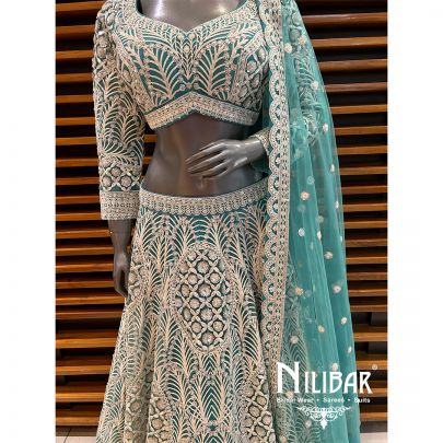 Light Turquoise Cutdana Pearl Heavy Lehenga