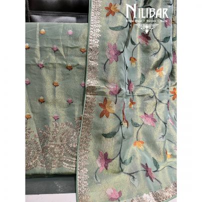 Green Lame Unstitched Embroidered Suit