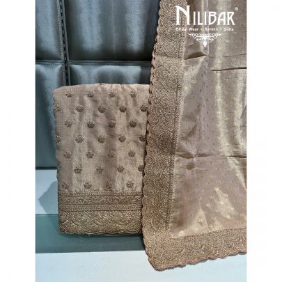 Beige Lame Unstitched Embroidered Suit
