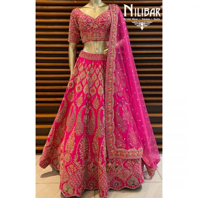 Hot Pink Raw Silk Bridal Lehenga