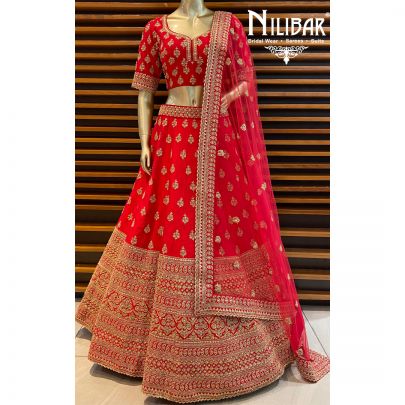 Tomato Red Raw Silk Bridal Lehenga
