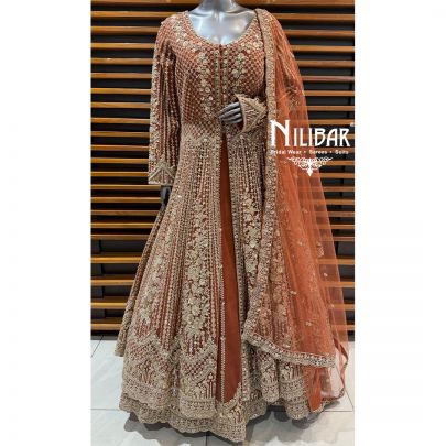 Rust Net Embroidered Long Jacket Paired With Lehenga & Net Dupatta