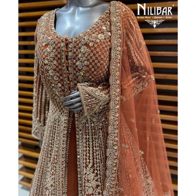 Rust Net Embroidered Long Jacket Paired With Lehenga & Net Dupatta