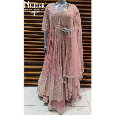 Onion Pink Chinnon Embroidered Long Jacket Paired With Lehenga & Net Dupatta