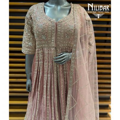 Onion Pink Chinnon Embroidered Long Jacket Paired With Lehenga & Net Dupatta