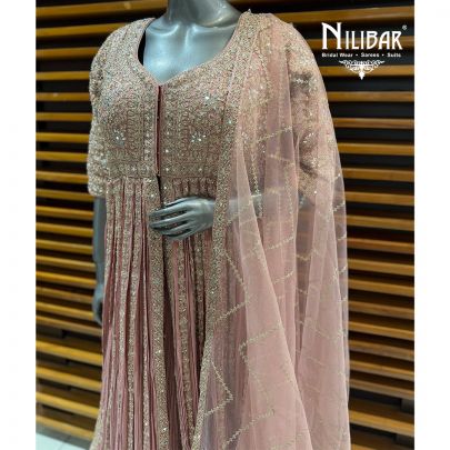 Onion Pink Chinnon Embroidered Long Jacket Paired With Lehenga & Net Dupatta