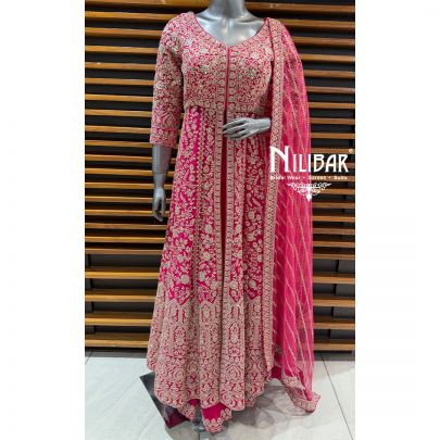 Hot Pink Georgette Embroidered Long Jacket Paired With Lehenga & Net Dupatta