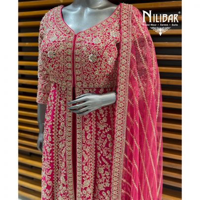 Hot Pink Georgette Embroidered Long Jacket Paired With Lehenga & Net Dupatta