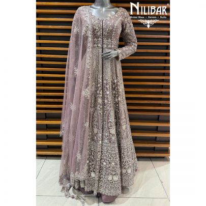 Onion Pink Silk Embroidered Long Jacket Paired With Lehenga & Net Dupatta