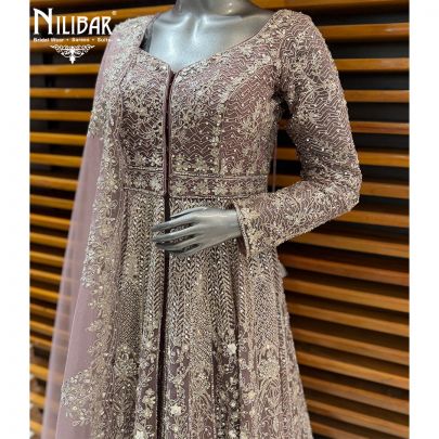 Onion Pink Silk Embroidered Long Jacket Paired With Lehenga & Net Dupatta