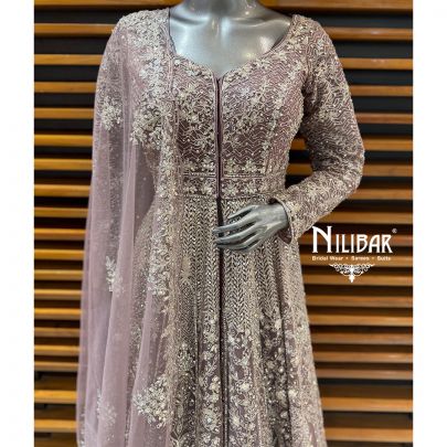 Onion Pink Silk Embroidered Long Jacket Paired With Lehenga & Net Dupatta