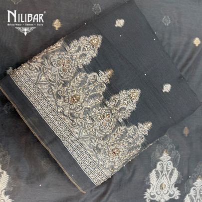 Grey Maheshwari Shirt Paired With Tafta Bottom & Dupatta