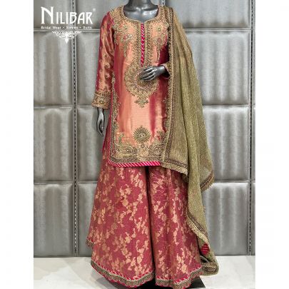 Rose Gold & Pink Lamé Tissue Top With Banarasi Bottom Flared Palazzo Suit
