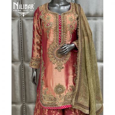 Rose Gold & Pink Lamé Tissue Top With Banarasi Bottom Flared Palazzo Suit