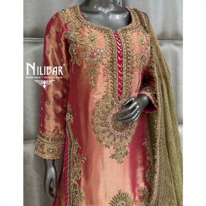 Rose Gold & Pink Lamé Tissue Top With Banarasi Bottom Flared Palazzo Suit
