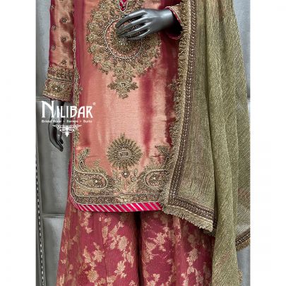 Rose Gold & Pink Lamé Tissue Top With Banarasi Bottom Flared Palazzo Suit