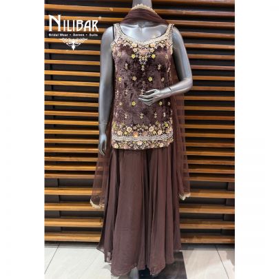 Brown Short Velvet Shirt & Georgette Loose Jaffa Pants