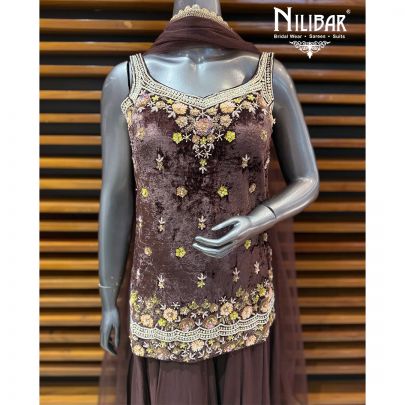 Brown Short Velvet Shirt & Georgette Loose Jaffa Pants