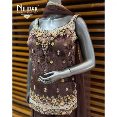 Brown Short Velvet Shirt & Georgette Loose Jaffa Pants