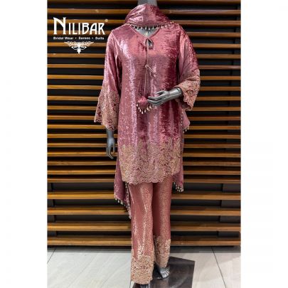 Pink Velvet Shirt & Brocade Bell Bottom Pants