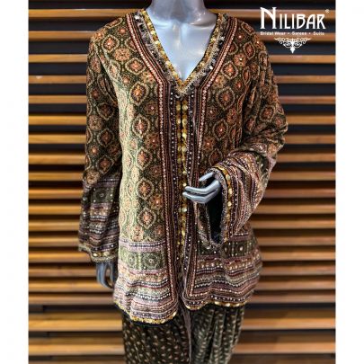 Mehendi Green Velvet Mid Length Top Paired With Dhoti Pants