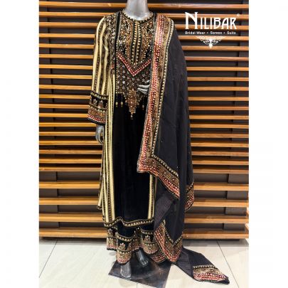 Black & Cream Long Velvet Shirt & Palazzo