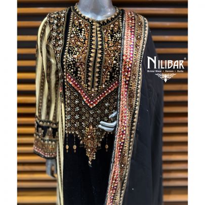 Black & Cream Long Velvet Shirt & Palazzo