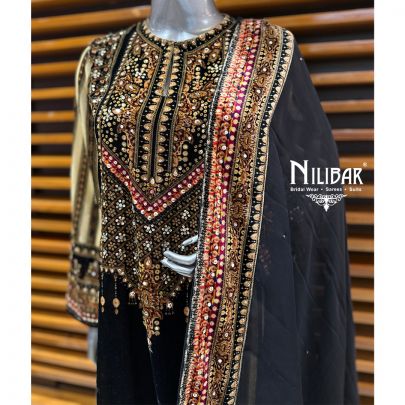 Black & Cream Long Velvet Shirt & Palazzo