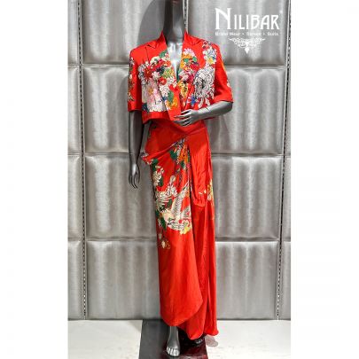 Orange Satin Printed Indo Western Set