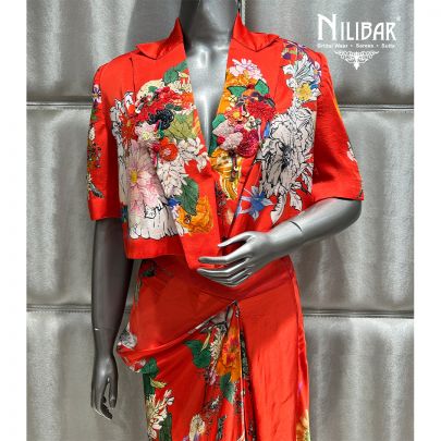 Orange Satin Printed Indo Western Set