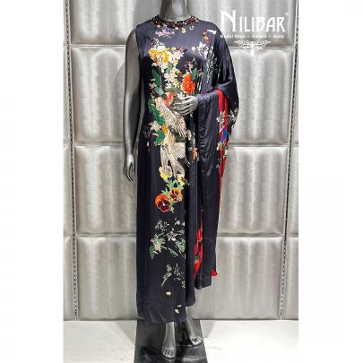 Black Satin Printed Indo Western Set