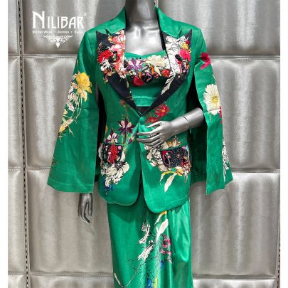 Leaf Green Satin Printed Indo Western Set