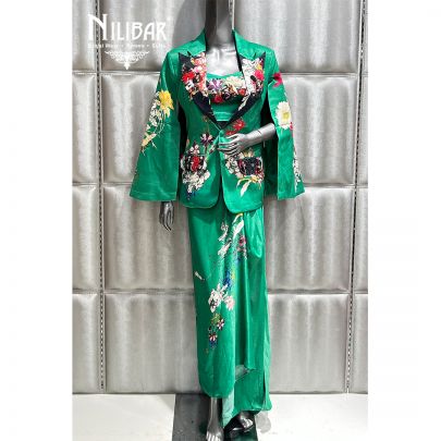 Leaf Green Satin Printed Indo Western Set