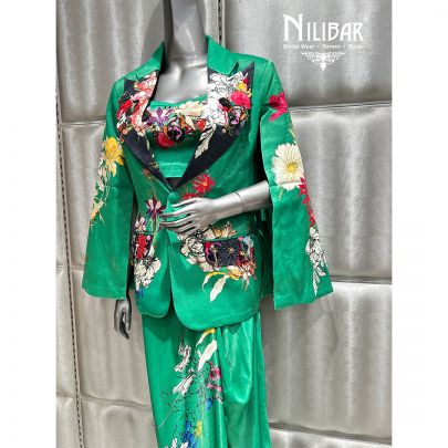 Leaf Green Satin Printed Indo Western Set