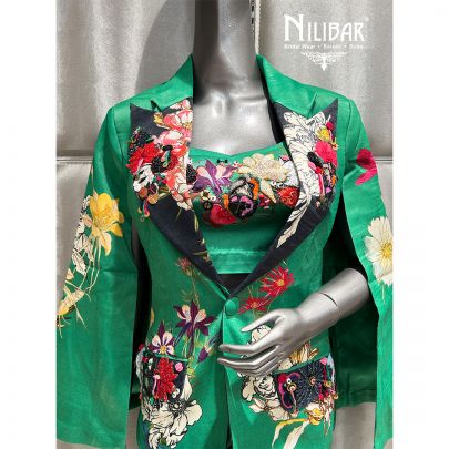 Leaf Green Satin Printed Indo Western Set