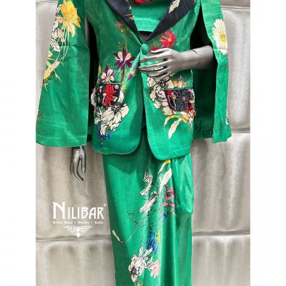 Leaf Green Satin Printed Indo Western Set
