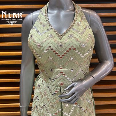 Tea Green Lamé Silk Palazzo Suit