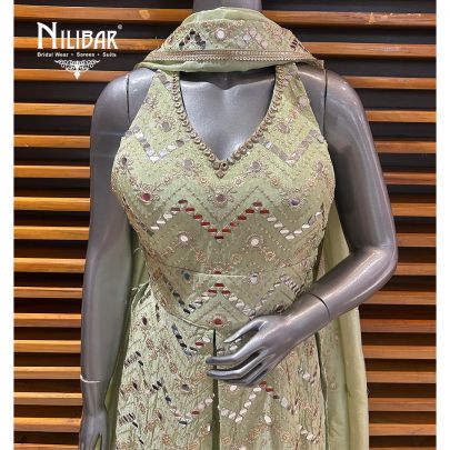 Tea Green Lamé Silk Palazzo Suit
