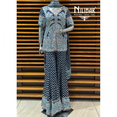 Blue Crepe Printed Bell Bottom Style Suit Set