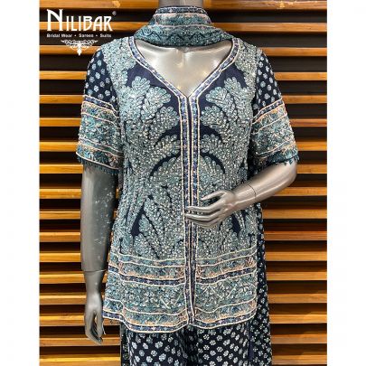 Blue Crepe Printed Bell Bottom Style Suit Set