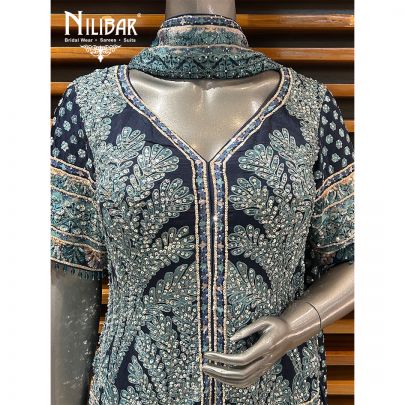 Blue Crepe Printed Bell Bottom Style Suit Set